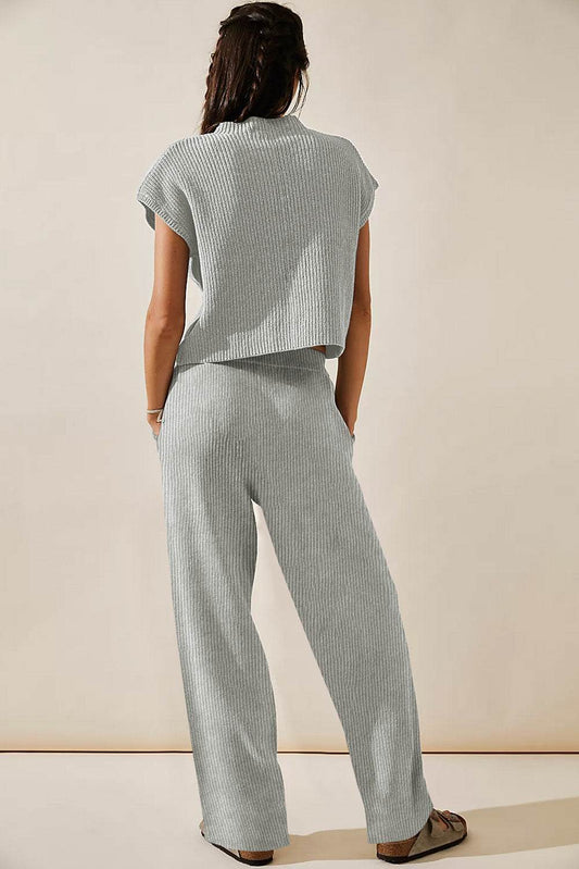Gray knitted sweater and casual pants set back view - relaxed fit styling