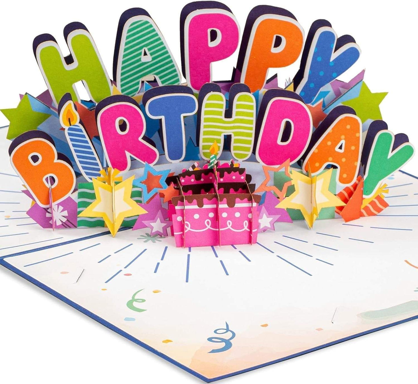 3D handmade pop-up birthday card with colorful "Happy Birthday" design and gifts.