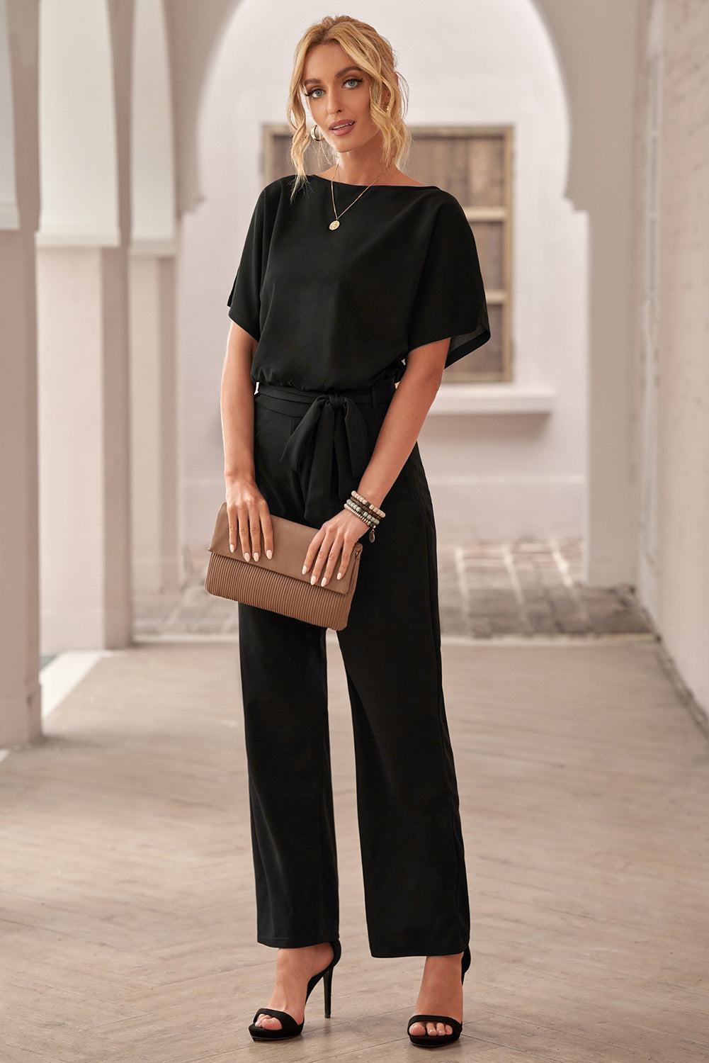 Glam Belted Wide Leg Jumpsuit
