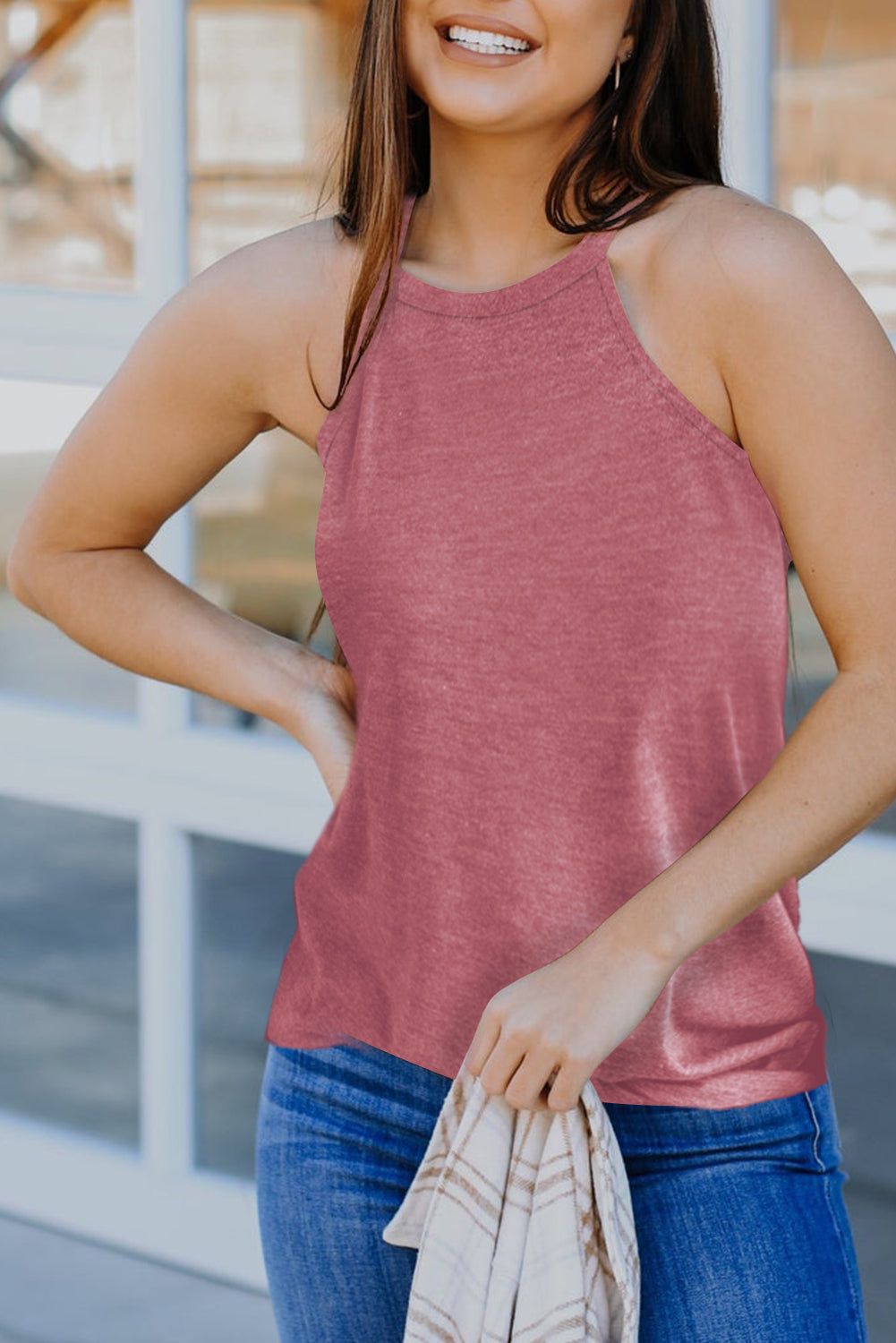 Grey Solid Color Crew Neck Tank Top