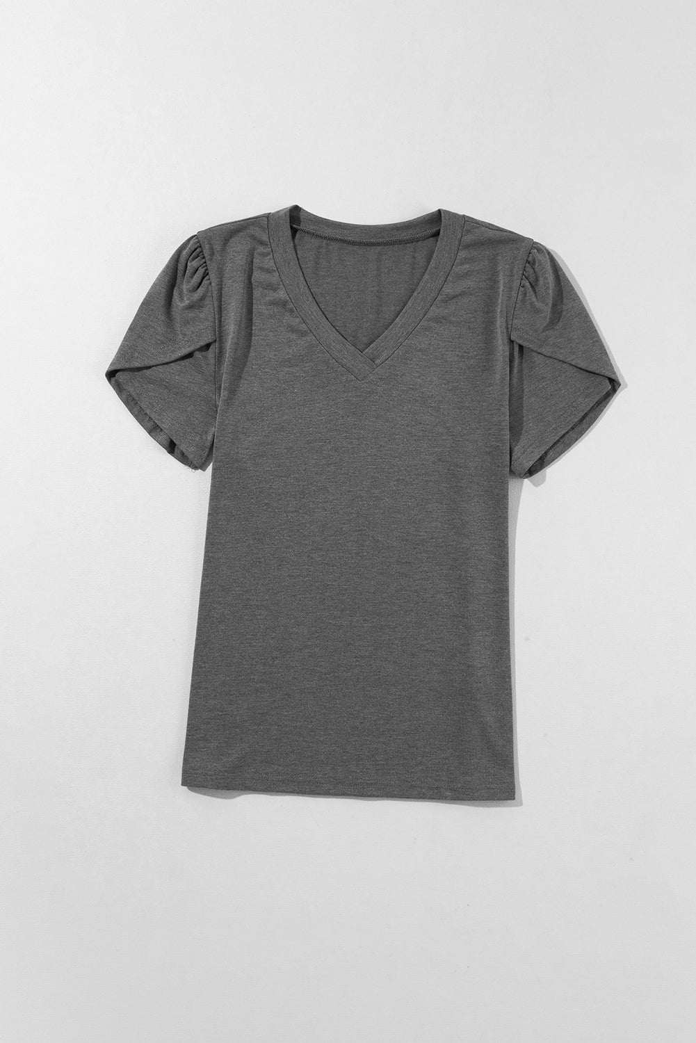 Carbon grey V neck T-shirt with petal sleeves made from breathable fabric