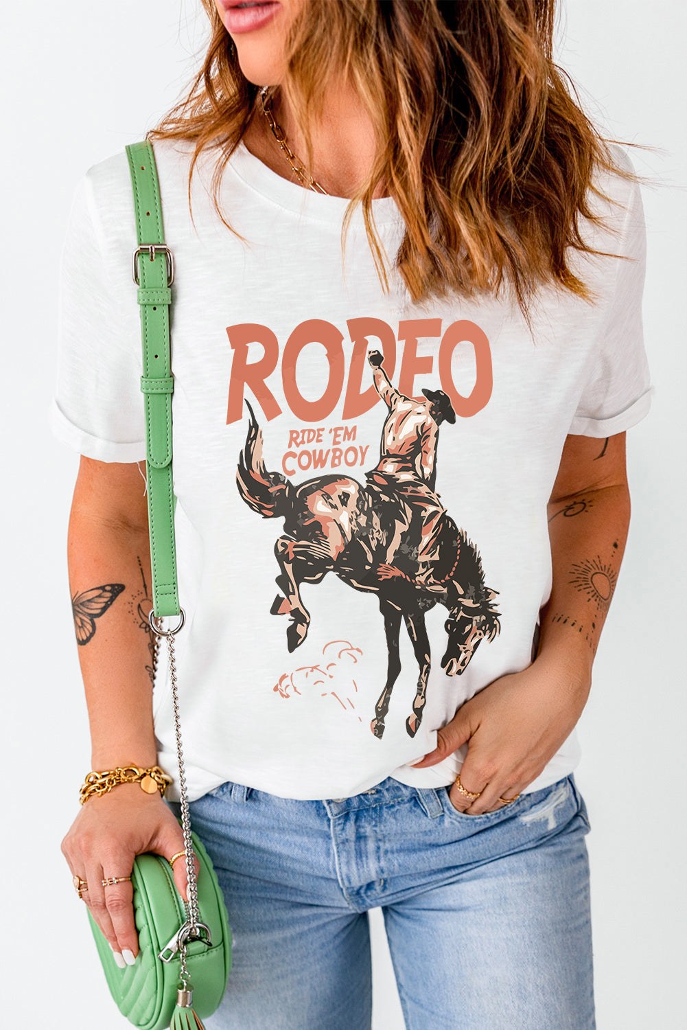 White Rodeo Cowboy Graphic Crewneck T-Shirt with Vintage Western Print