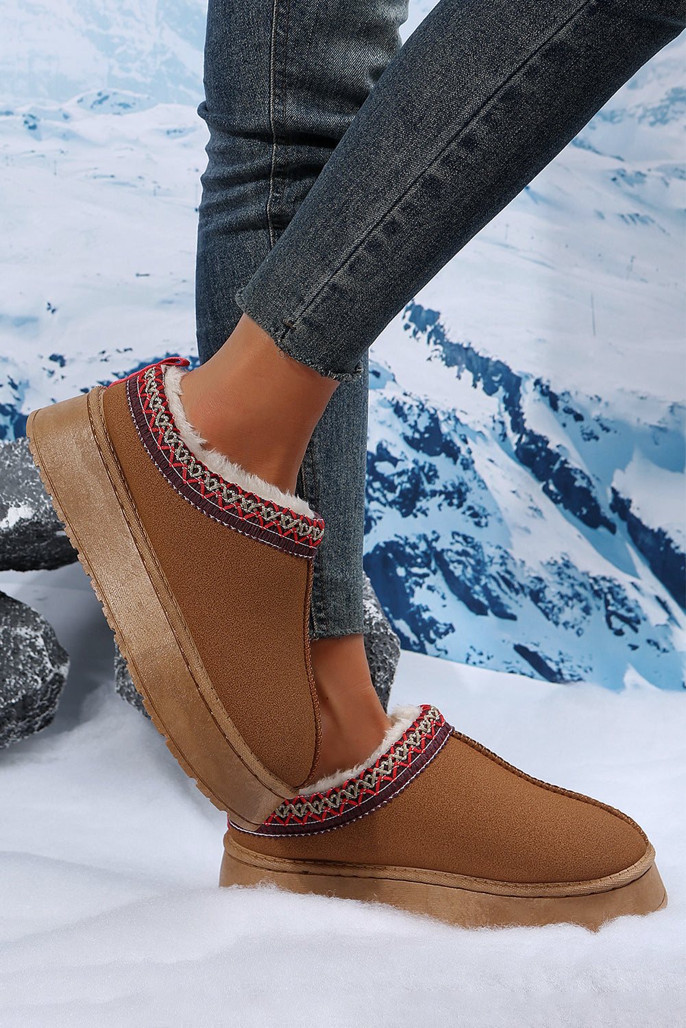 Brown Contrast Print Suede Plush Lined Snow Boots