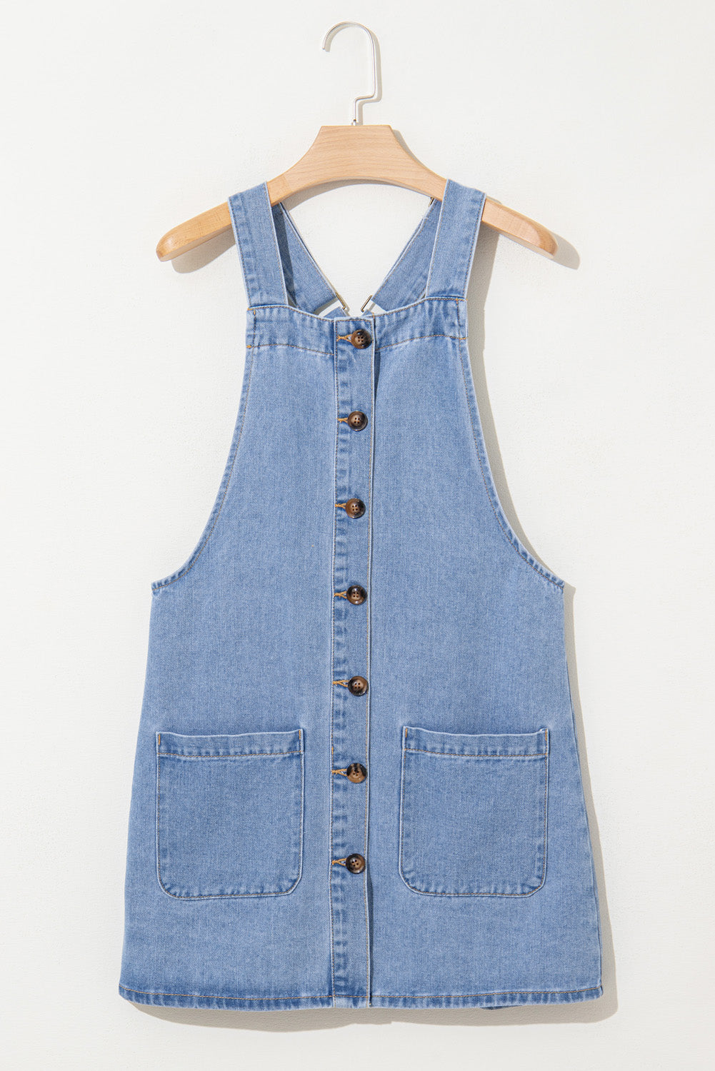 Beau Blue Wide Strap Button Front Pocketed Denim Mini Dress – Chic & Effortless Style