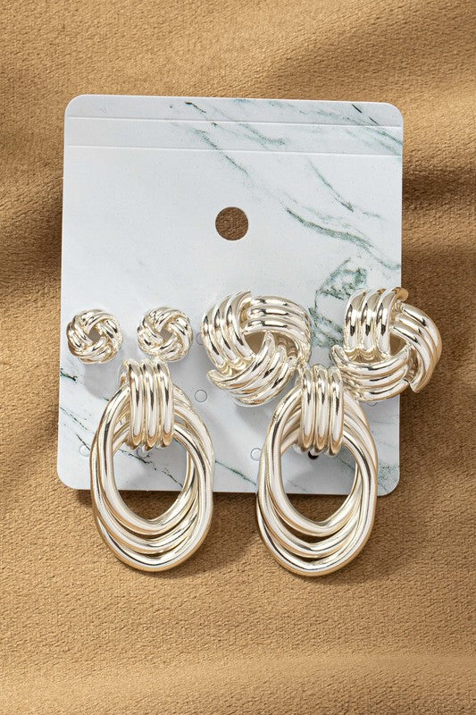 Silver metal knot detail earrings and hoops trio set