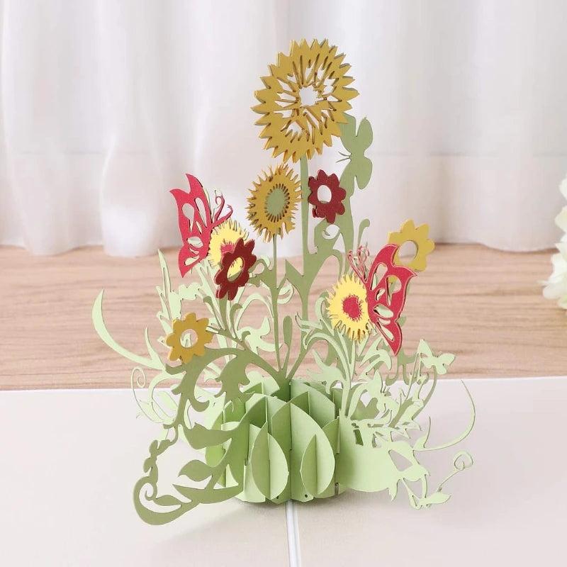 3D pop up greeting card with intricate floral design and envelope.