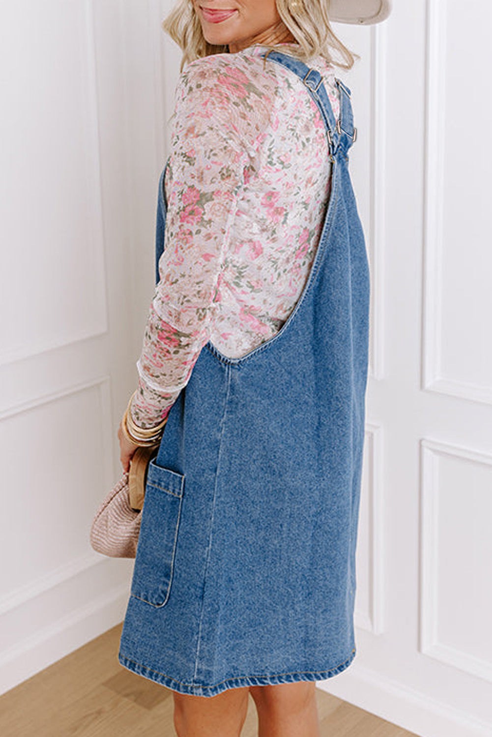 Dusk Blue Wide Strap Denim Mini Dress with Pockets and Button Front