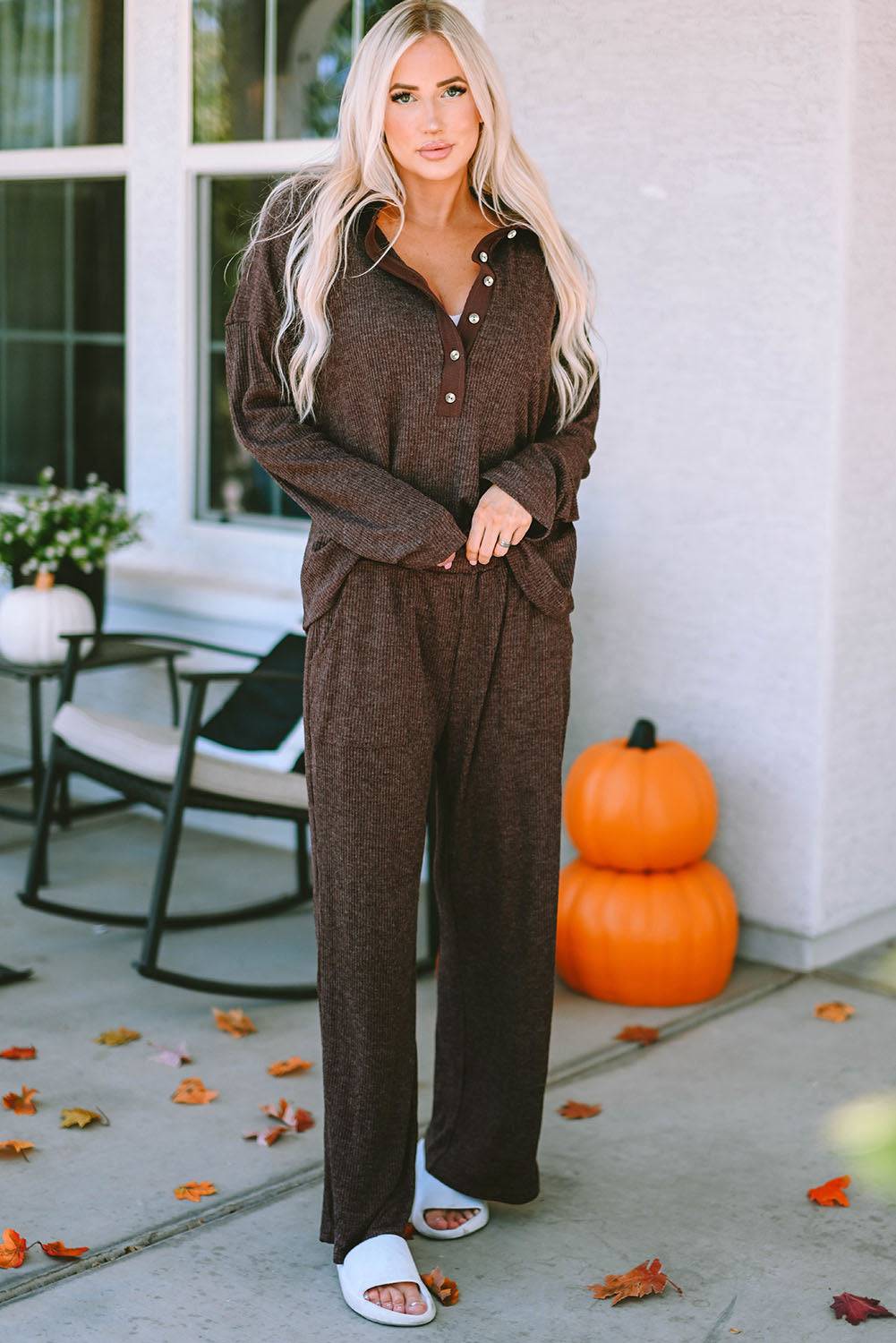 Brown Ribbed Knit Collared Henley Top
