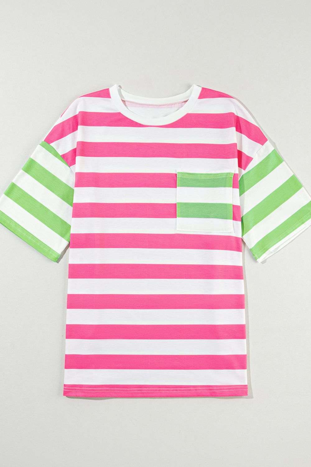 Contrast striped t-shirt with pink and green stripes, round neck, and half sleeves.