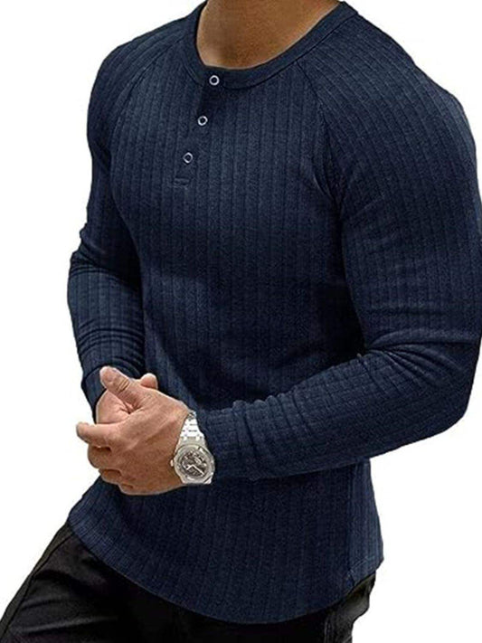 Mens plus size ribbed long sleeve t-shirt with buttoned neckline.