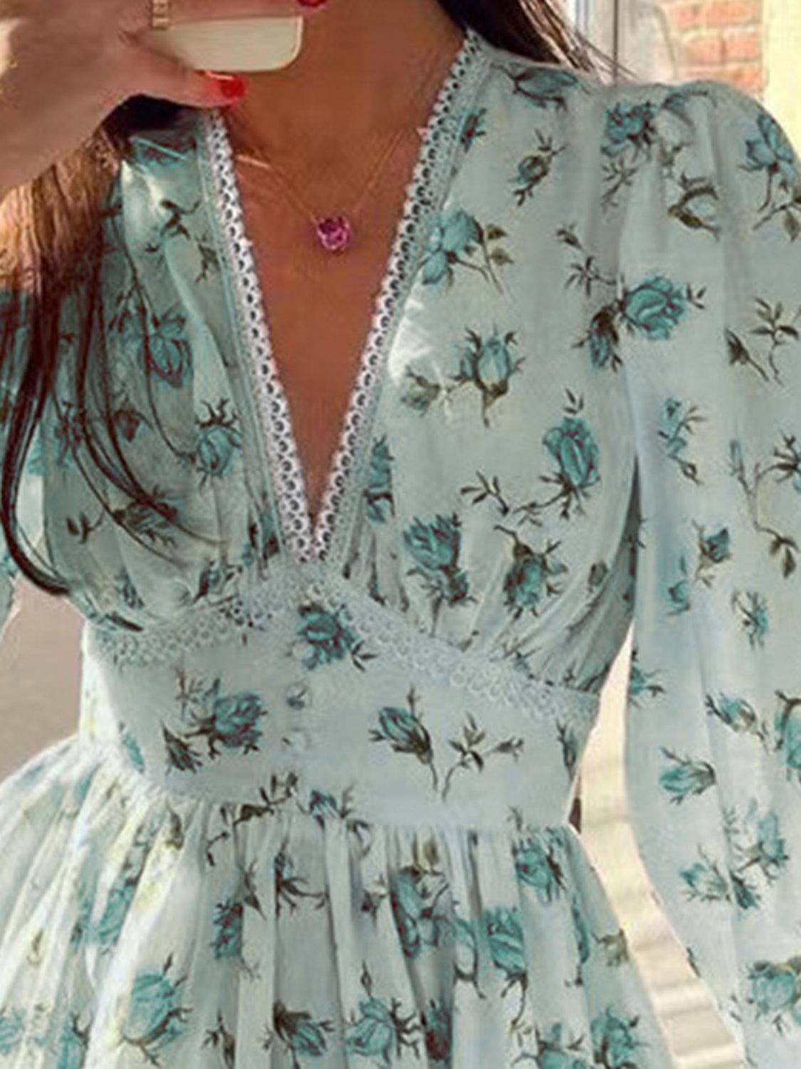 Lace Detail V-Neck close up Green View