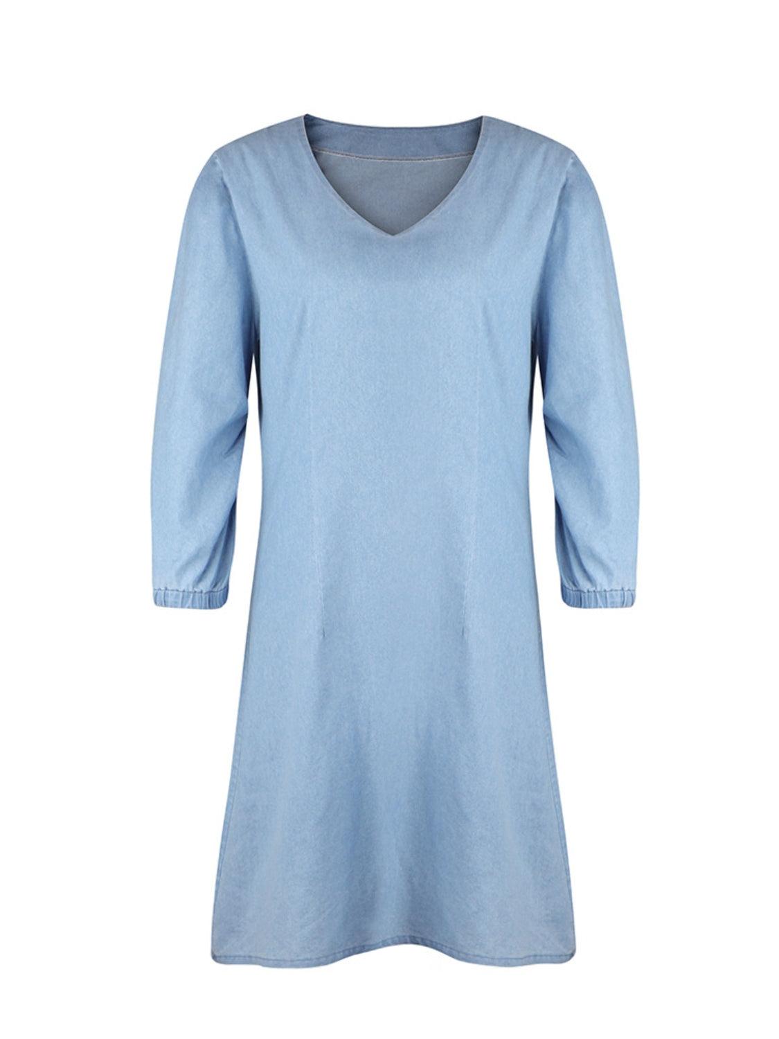 Full Size V-Neck Half Sleeve Blue Dress, Rayon-Polyester Blend, Basic Style