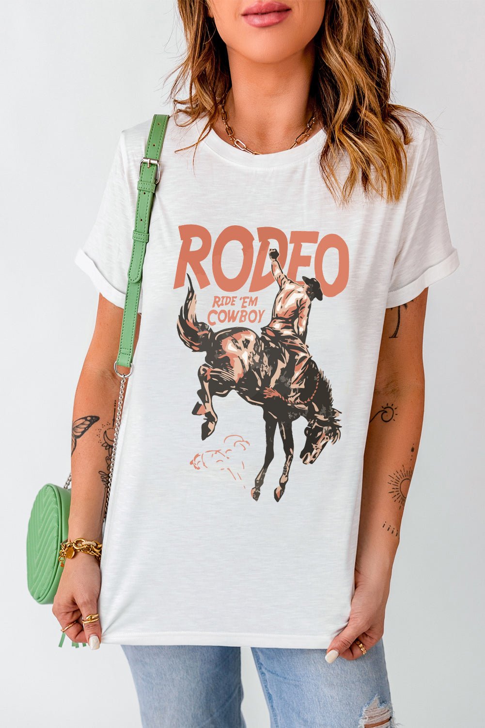 White Rodeo Cowboy Graphic Crewneck T-Shirt with Vintage Western Print