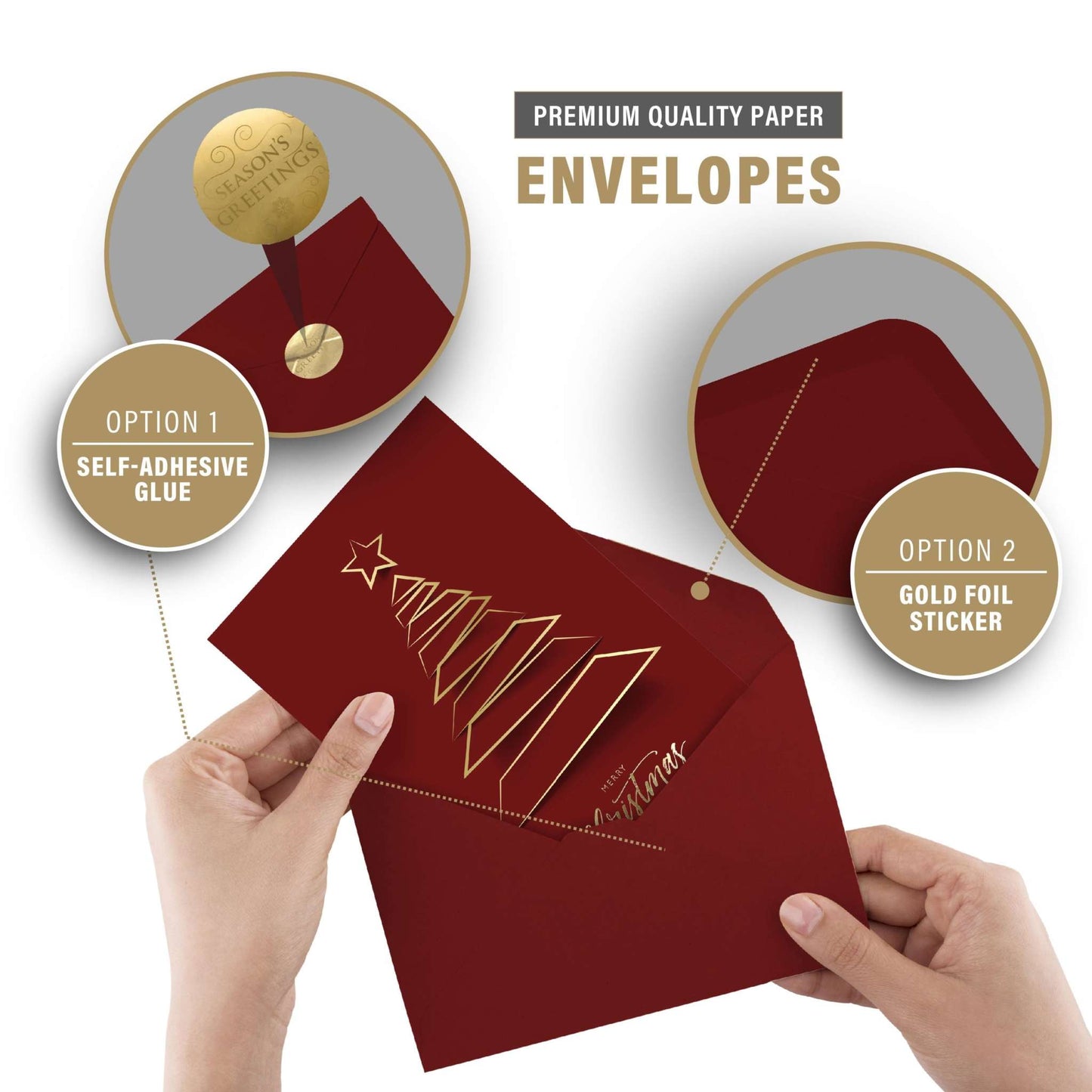 Christmas greeting card with gold foiling Xmas tree design, dark red paper, red envelope, premium quality.