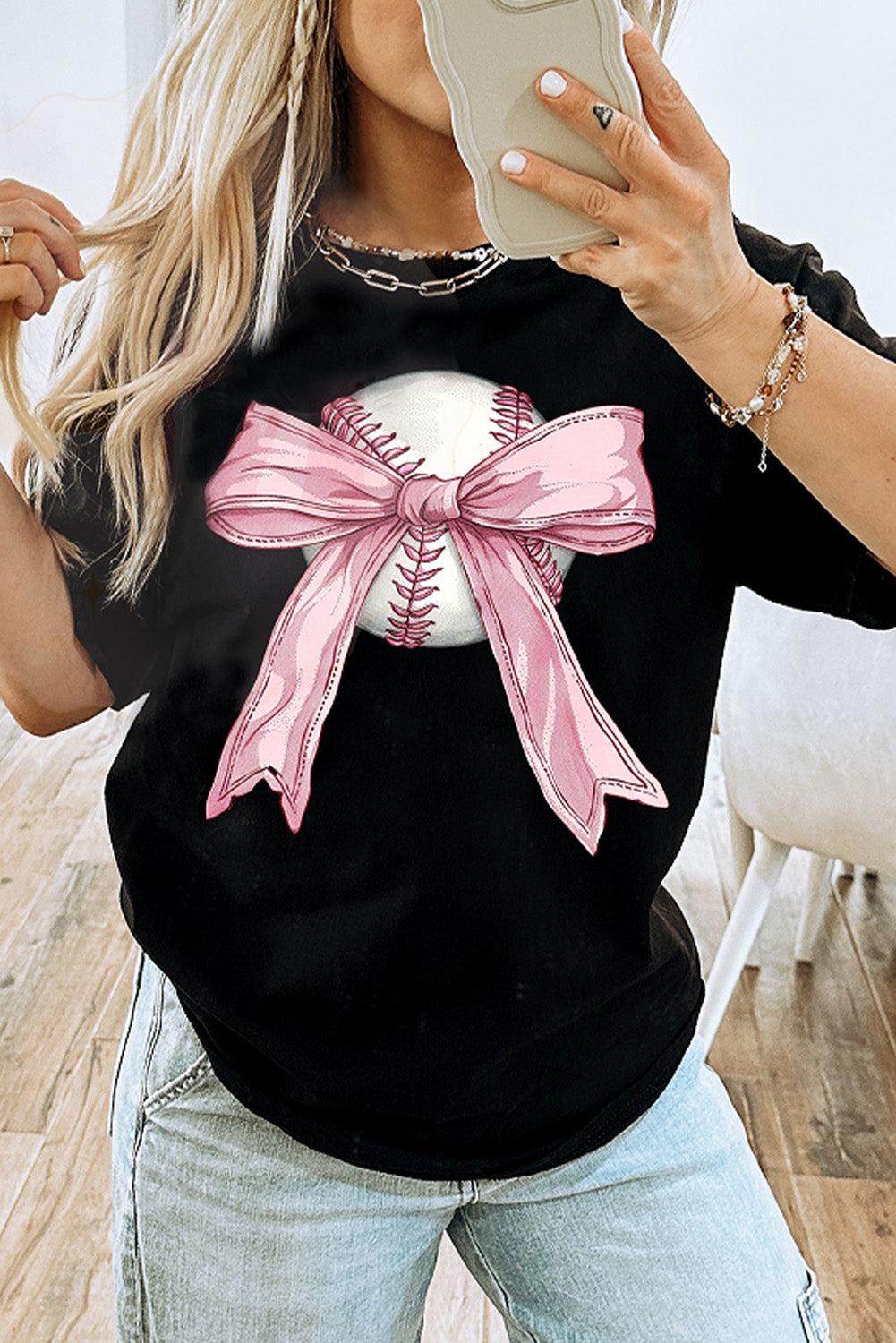 Black Baseball Bow Knot Print Round Neck