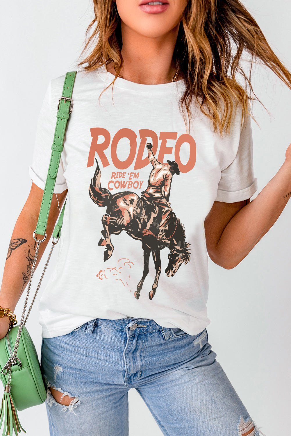 White Rodeo Cowboy Graphic Crewneck T-Shirt with Vintage Western Print