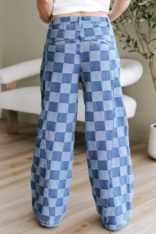 Dusk blue checkered denim wide-leg jeans with a classic pattern and relaxed fit.