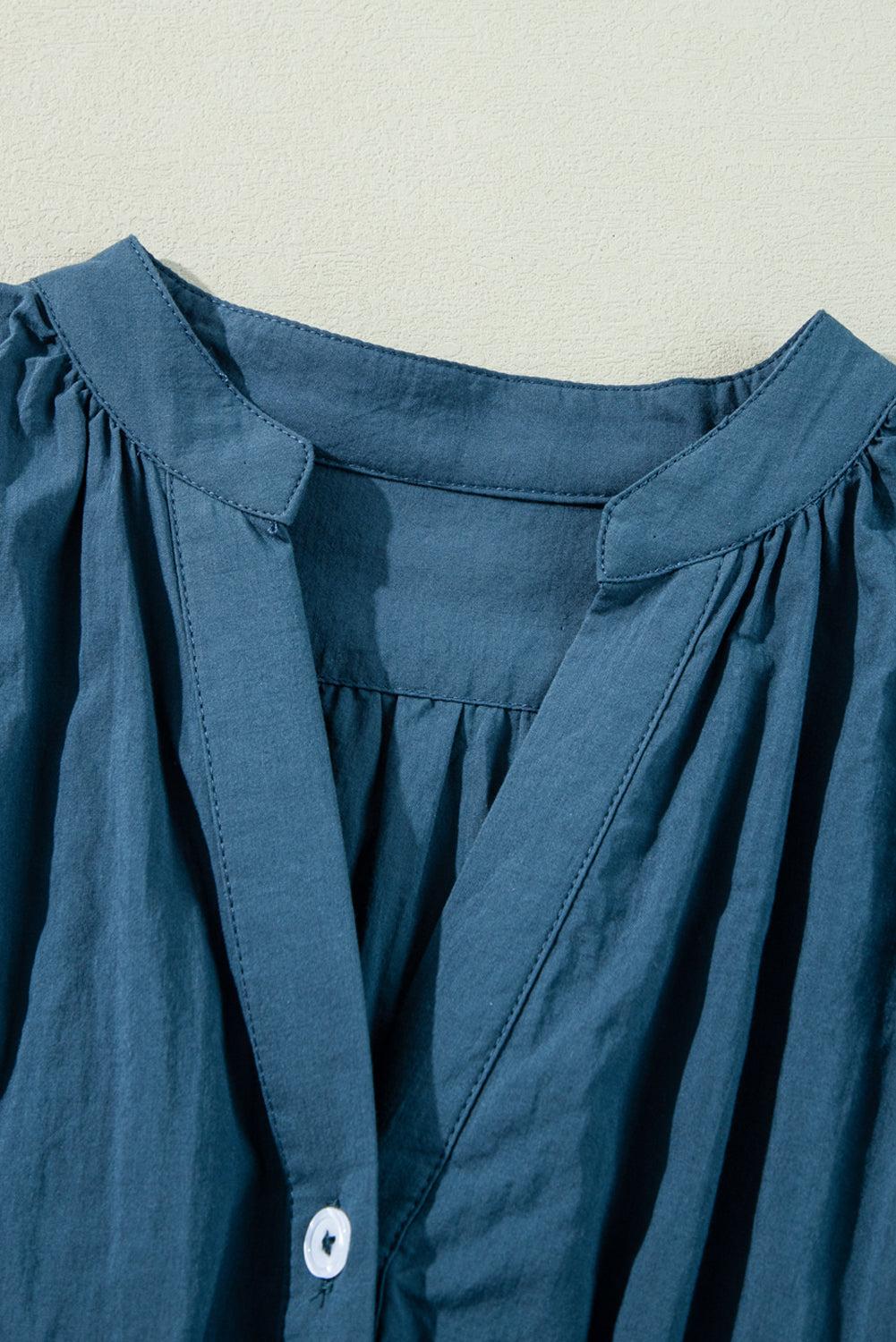 Prussian Blue 3 4th Sleeve Shirred High Waist Buttoned Mini Dress