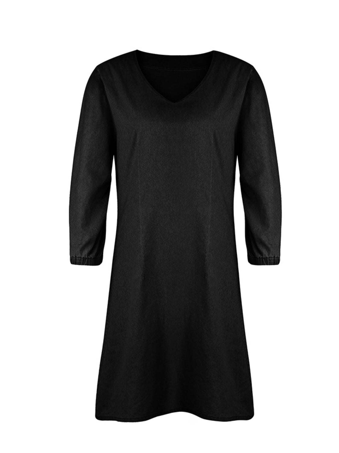 Full Size V-Neck Half Sleeve Dress in black, made from rayon and polyester.