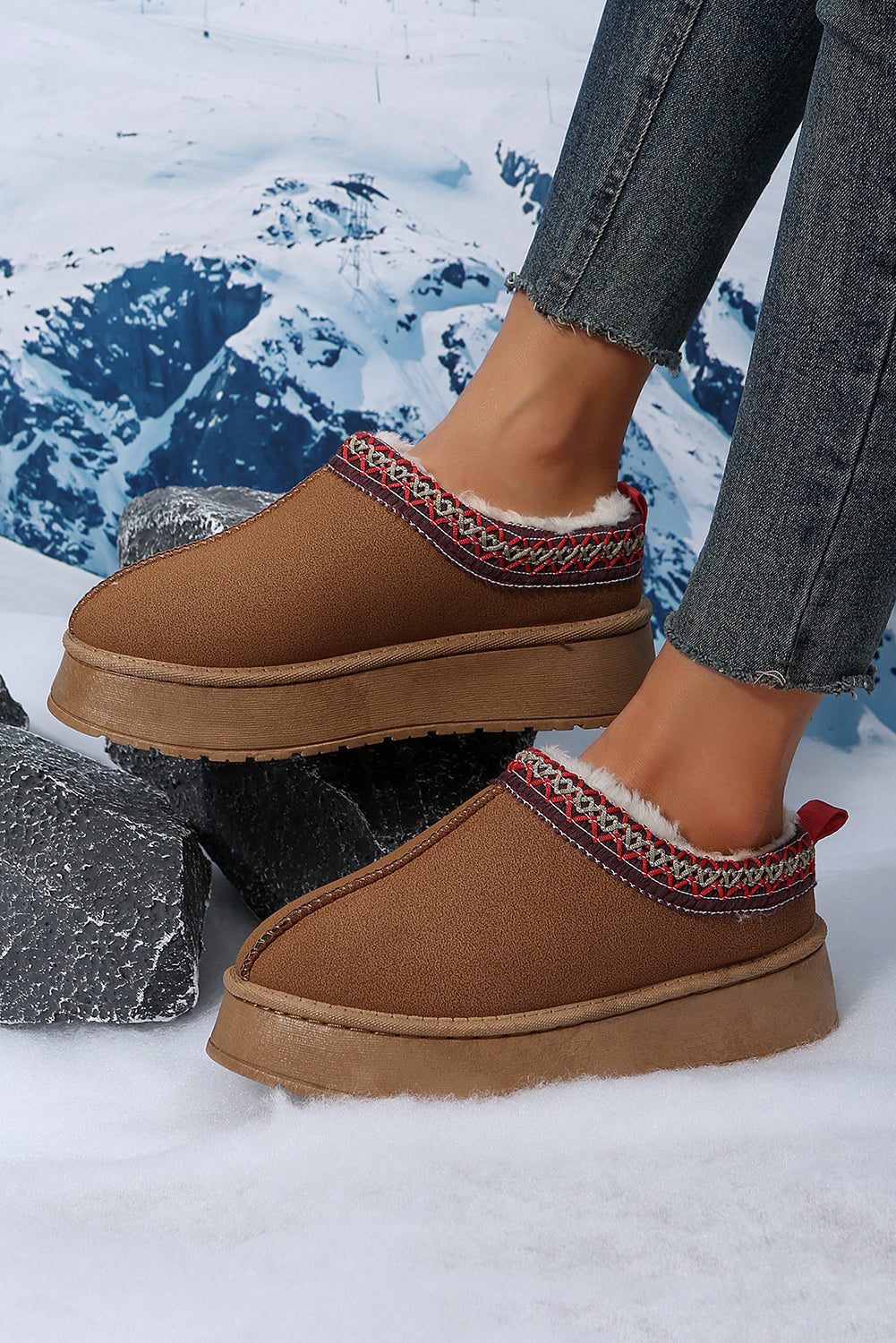 Brown Contrast Print Suede Plush Lined Snow Boots