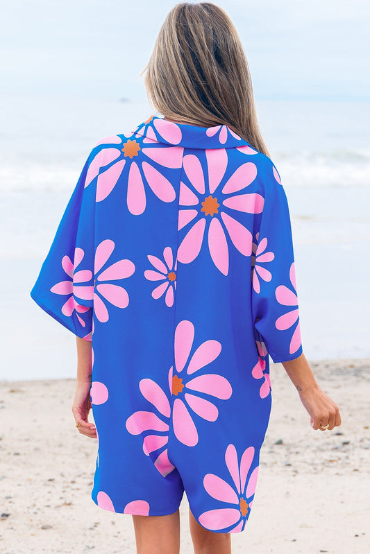 Blue Summer Floral Print Romper