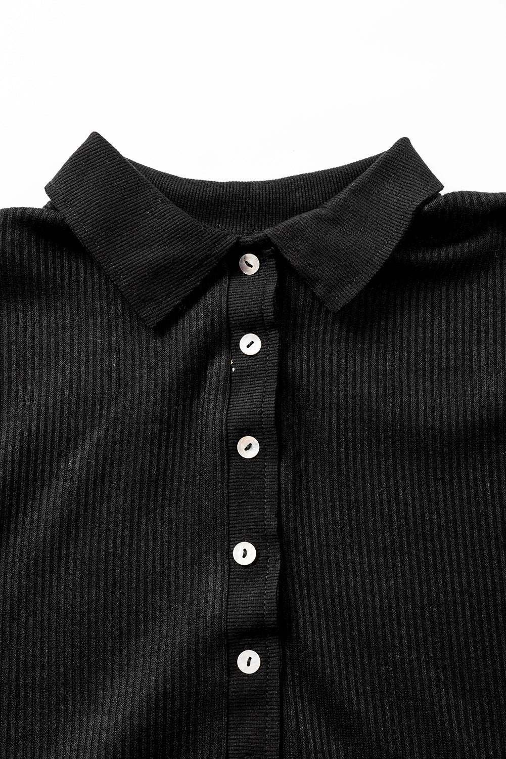 Brown Ribbed Knit Collared Henley Top