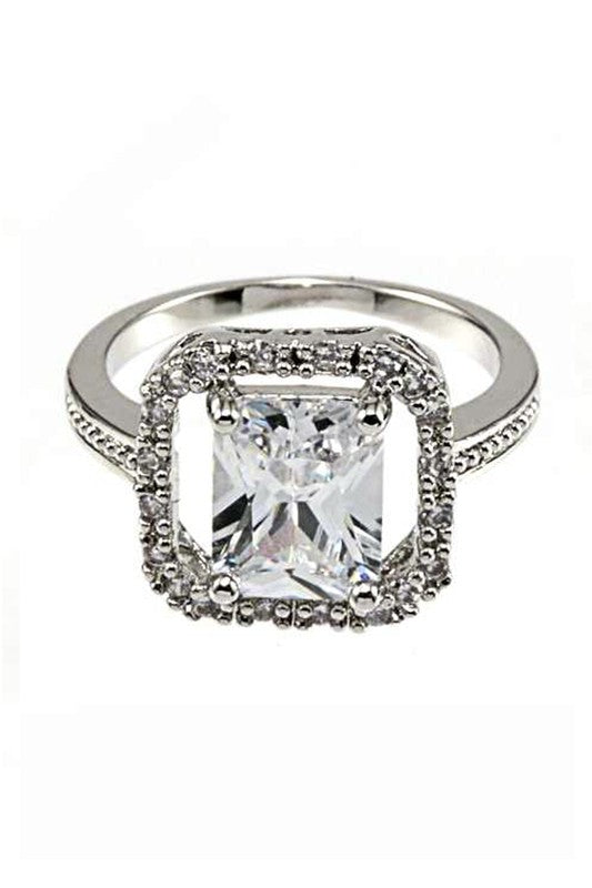 Cubic Zirconia Ring with rhodium plating on white background