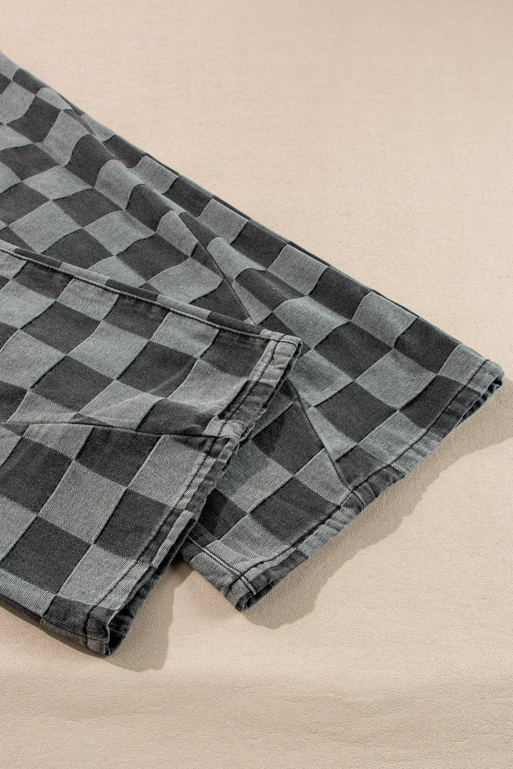 Dark grey checkered wide-leg denim jeans with unique pattern and relaxed fit.