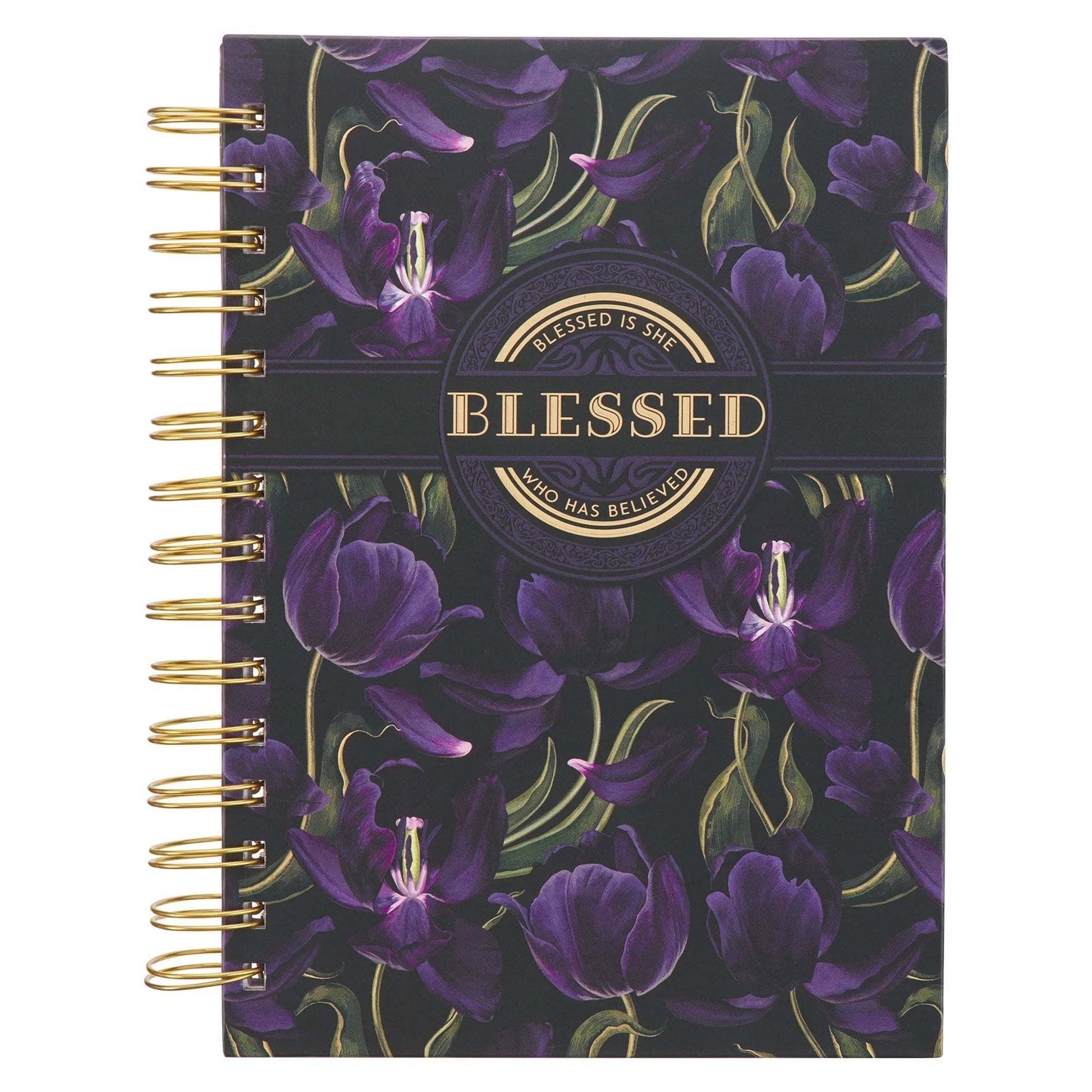 45 Bible Verse Black Purple Journal with purple tulip design, gold-foiled scripture, black background, wirebound, 192 ruled pages.