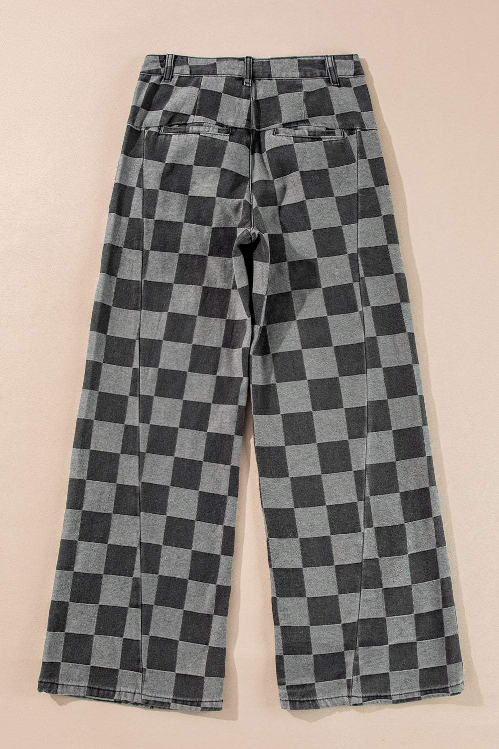 Dark grey checkered wide-leg denim jeans with relaxed fit and standout style.