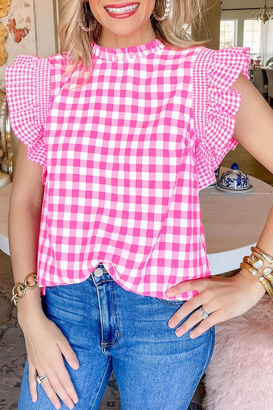 Checkered Ruffled Sleeve Front Pink