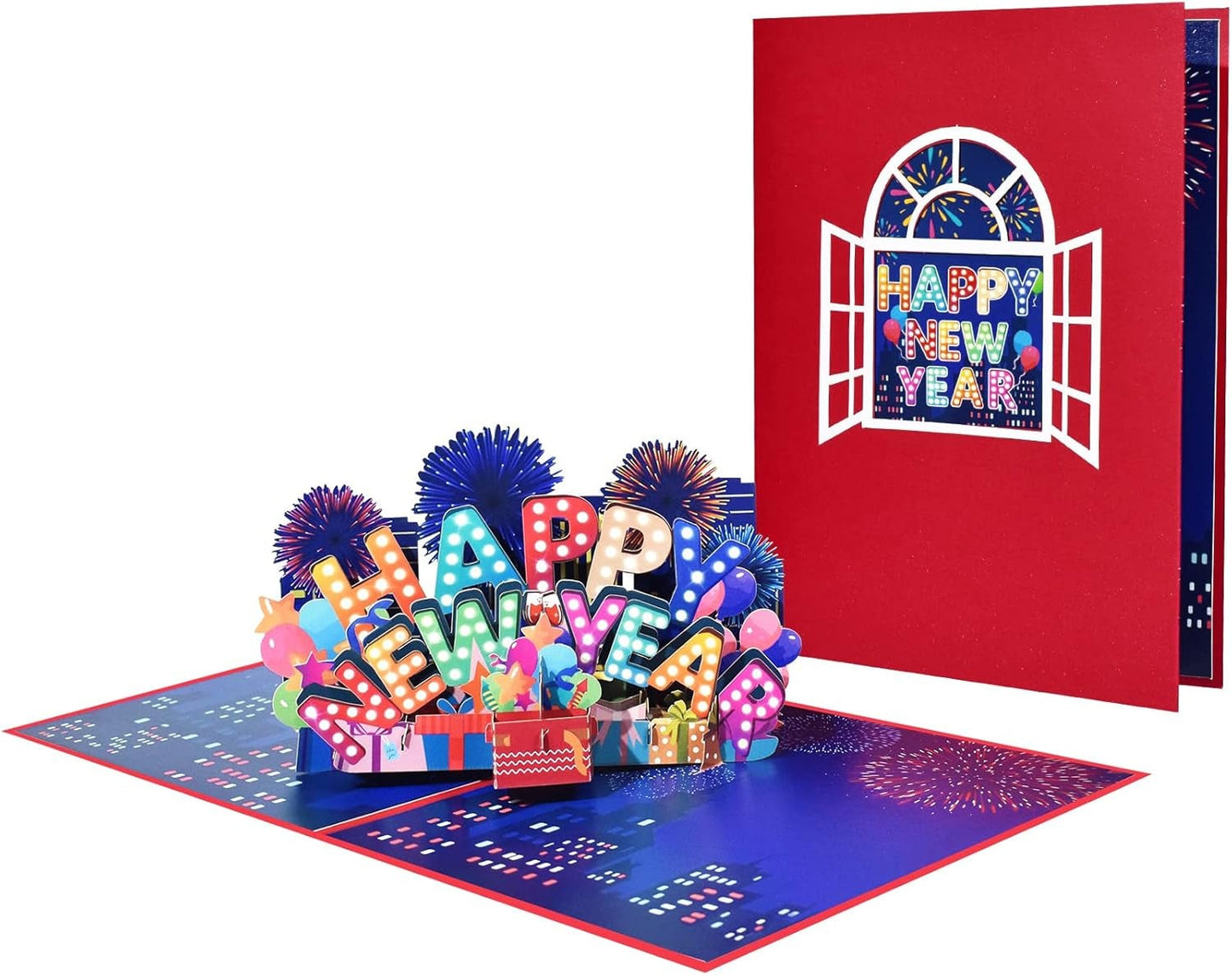 3D Happy New Year pop-up card with fireworks and vibrant colors.