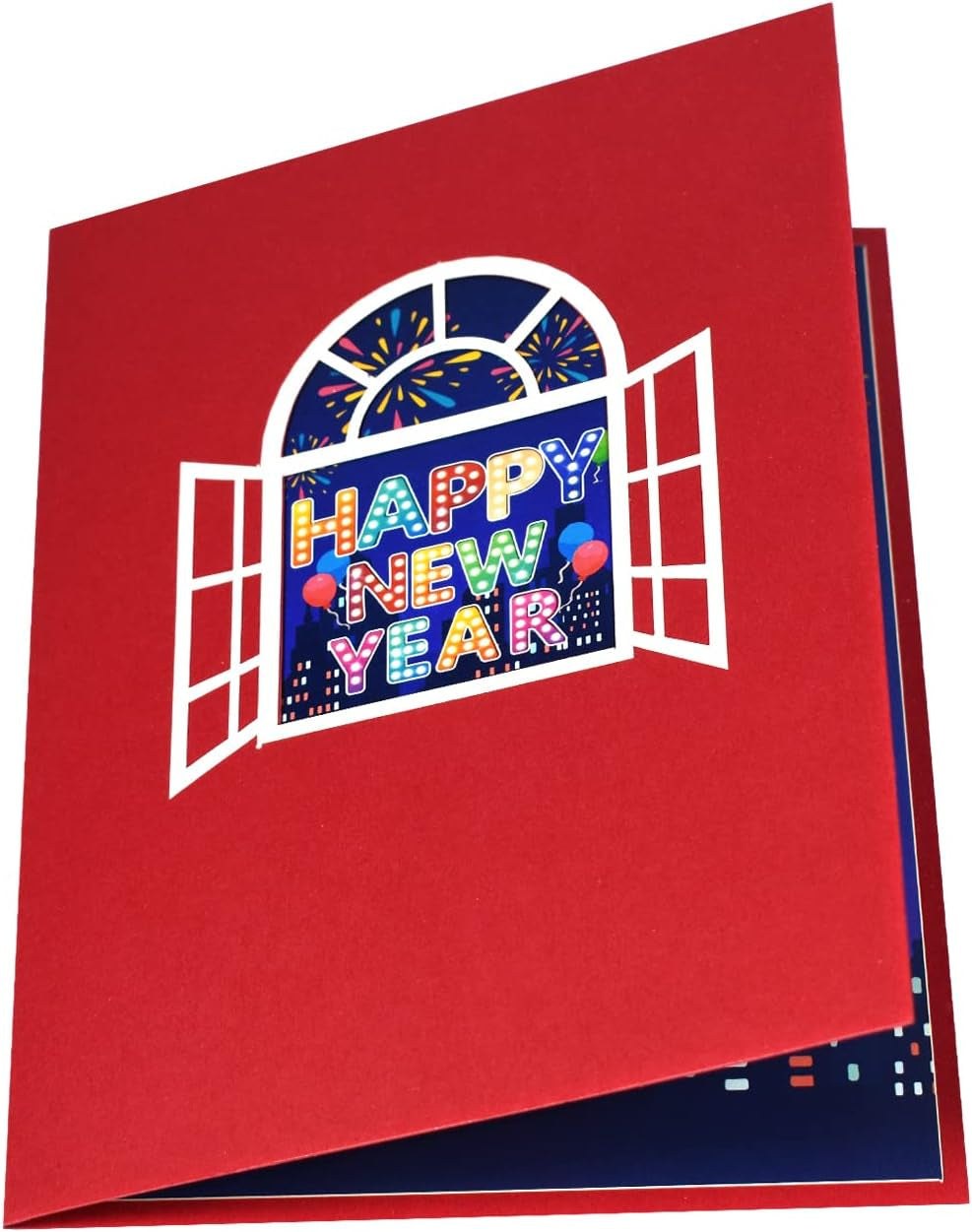 3D pop-up Happy New Year greeting card with colorful fireworks design.