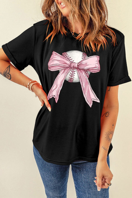Black Baseball Bow Knot Print Round Neck