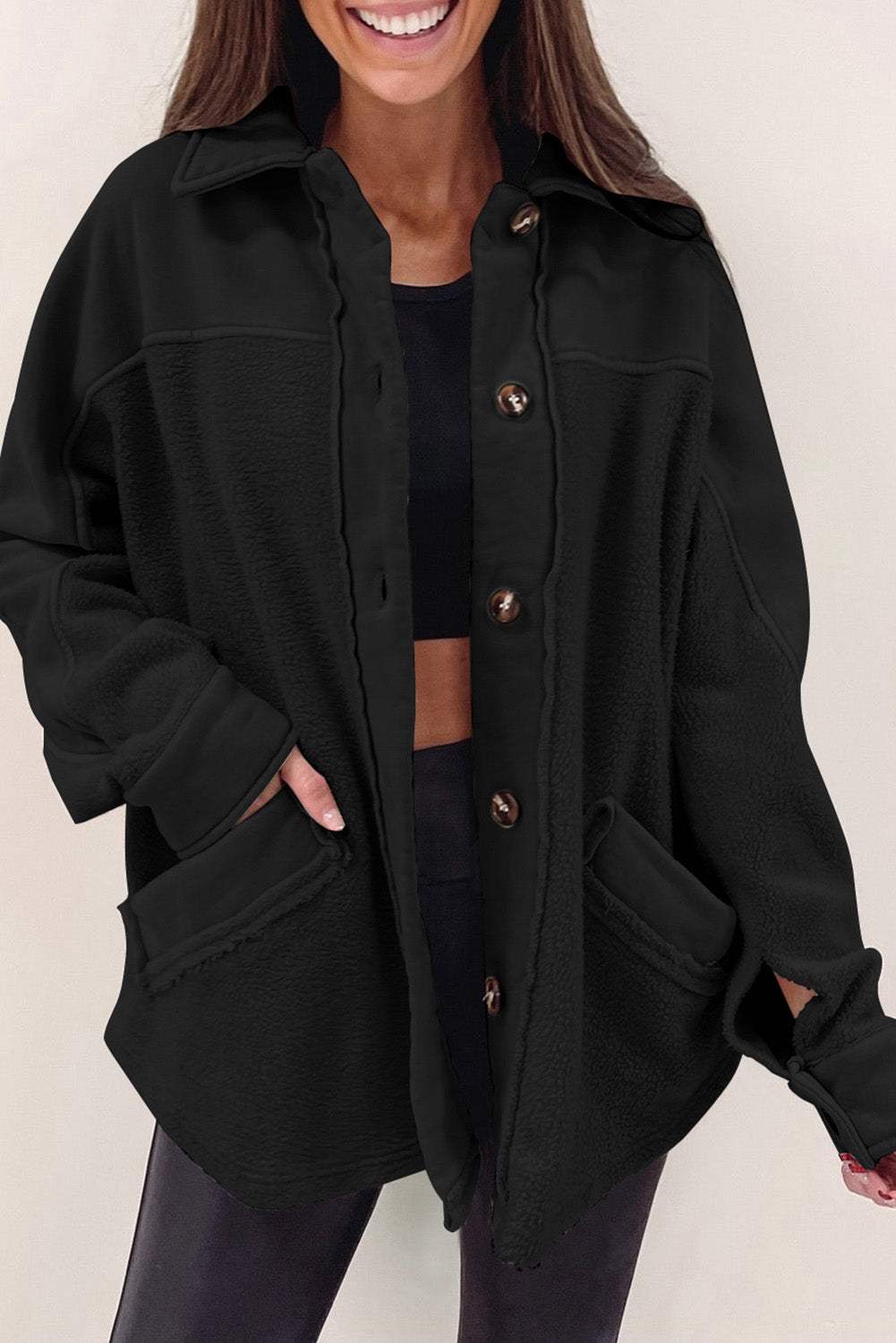 Stitching Pocket Raw Hem Shacket