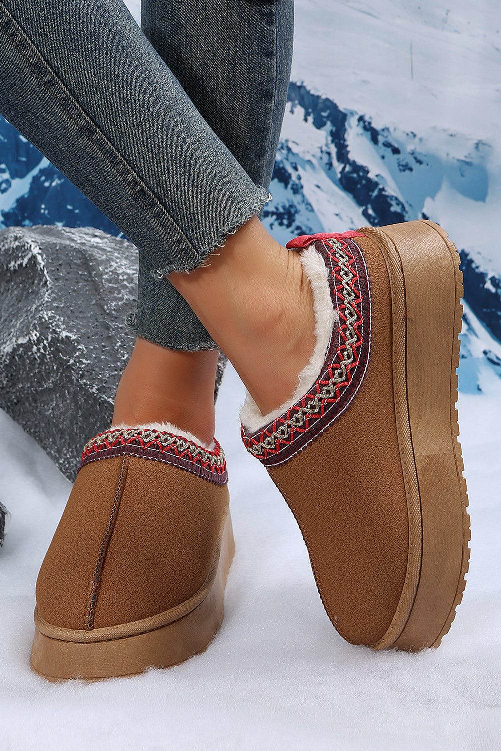 Brown Contrast Print Suede Plush Lined Snow Boots