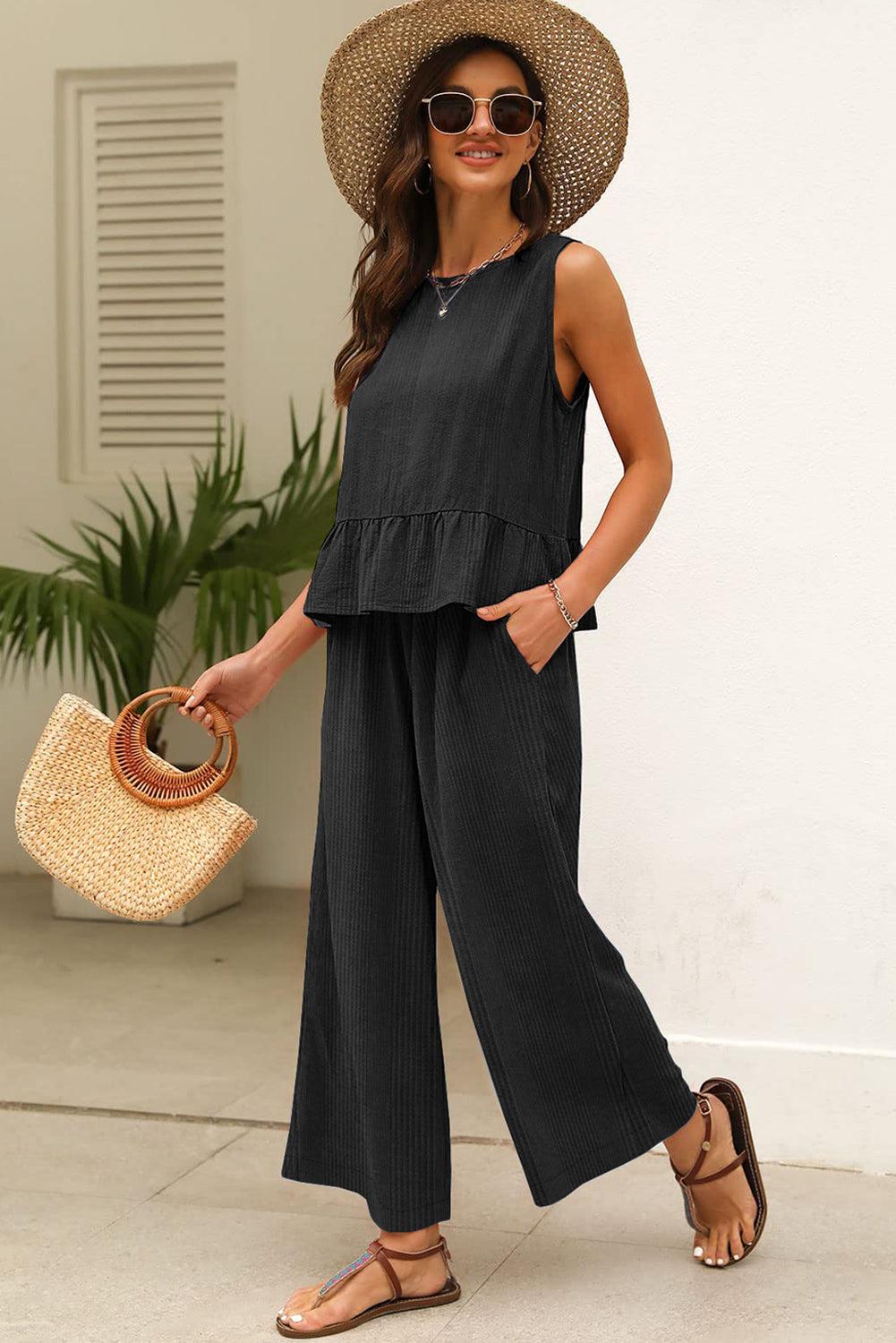 Black ribbed ruffle tank top and pants set, stylish 2-piece outfit for women.
