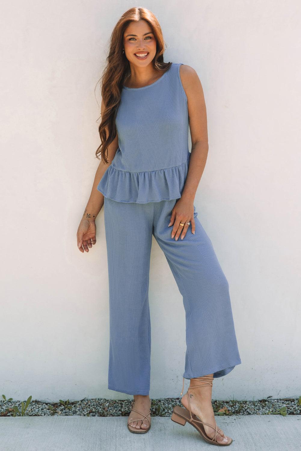 Ensemble débardeur et pantalon côtelés à volants de couleur unie bleu Beau