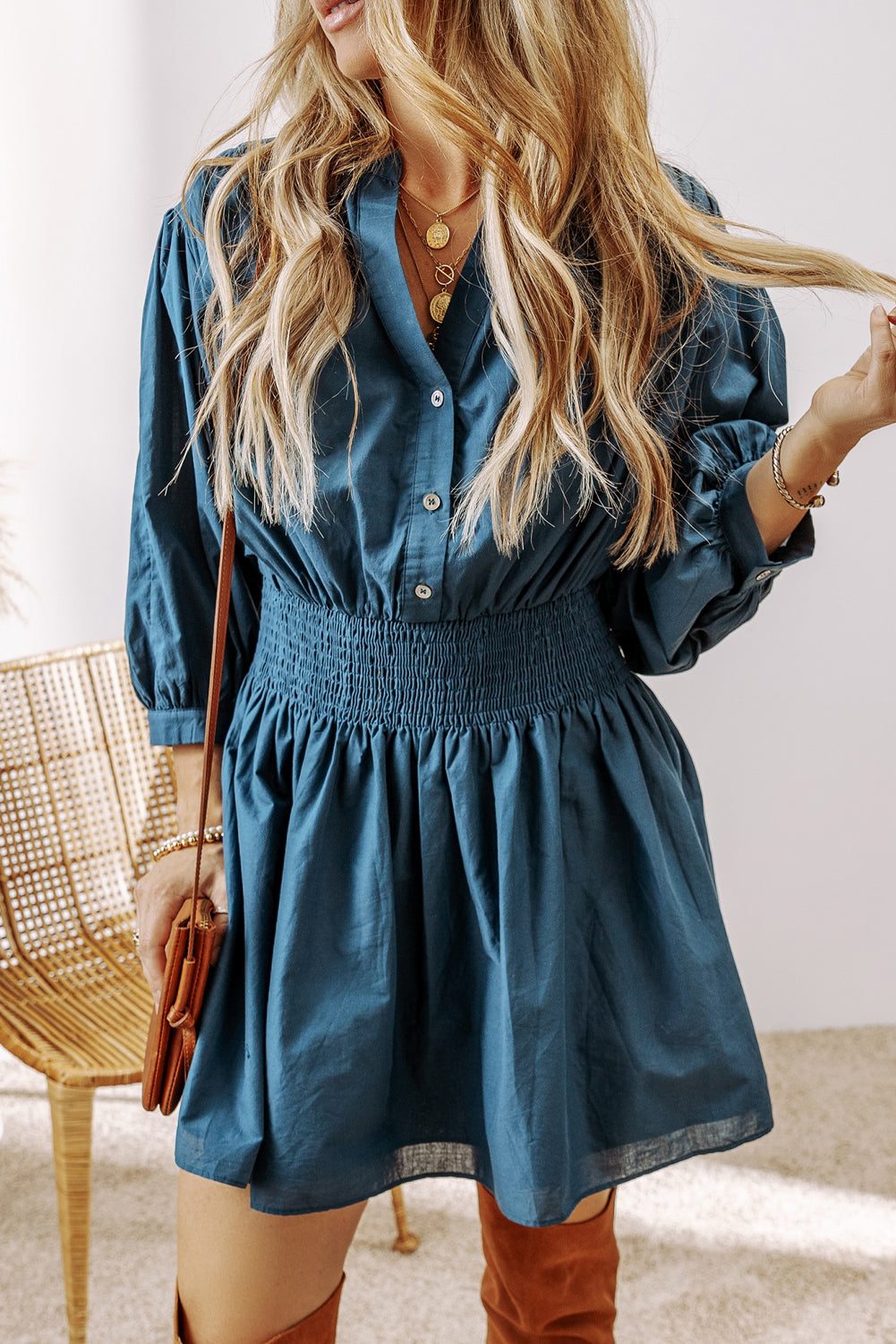 Prussian Blue 3 4th Sleeve Shirred High Waist Buttoned Mini Dress