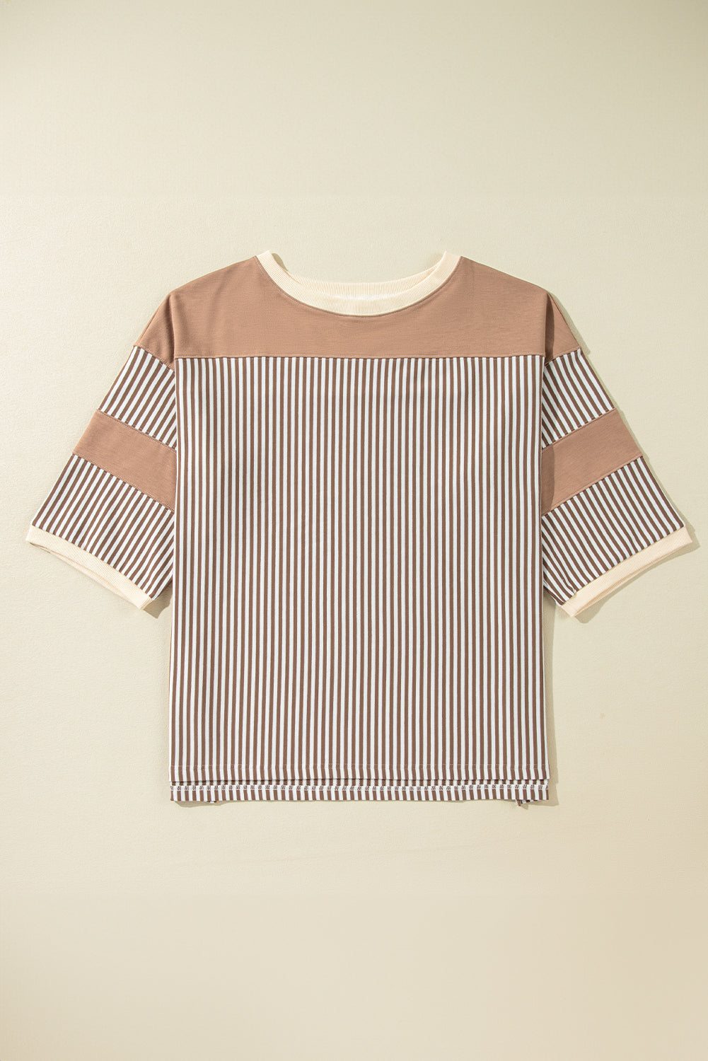 Khaki stripe patchwork plus size T-shirt with bracelet sleeves and crew neck.