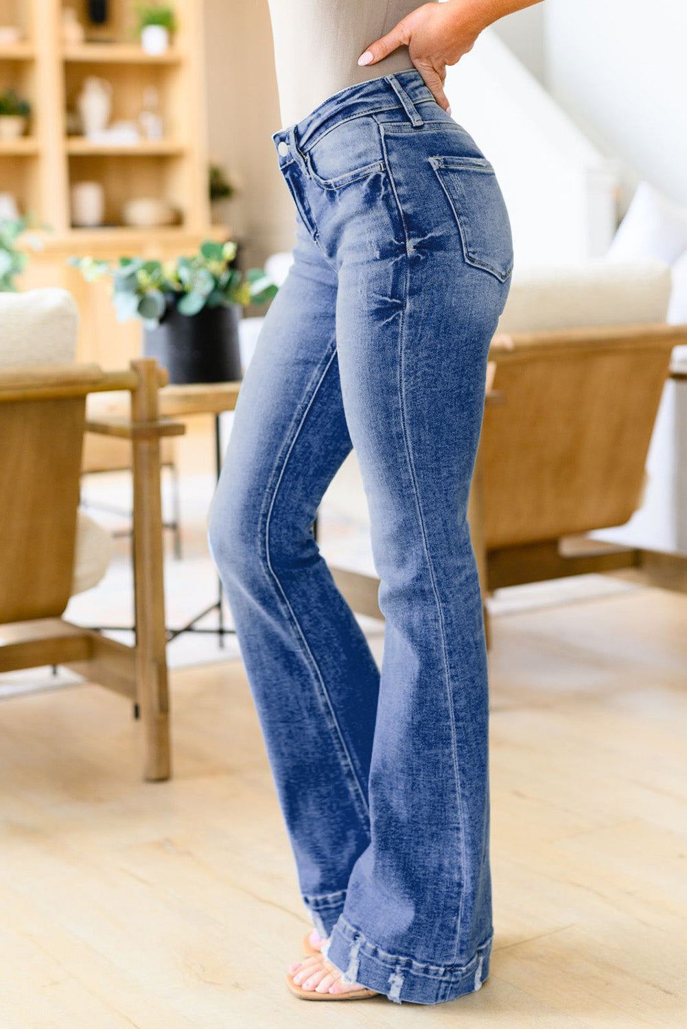 Sky Blue Distressed Flare Jeans, medium wash, mid-rise, trendy style.