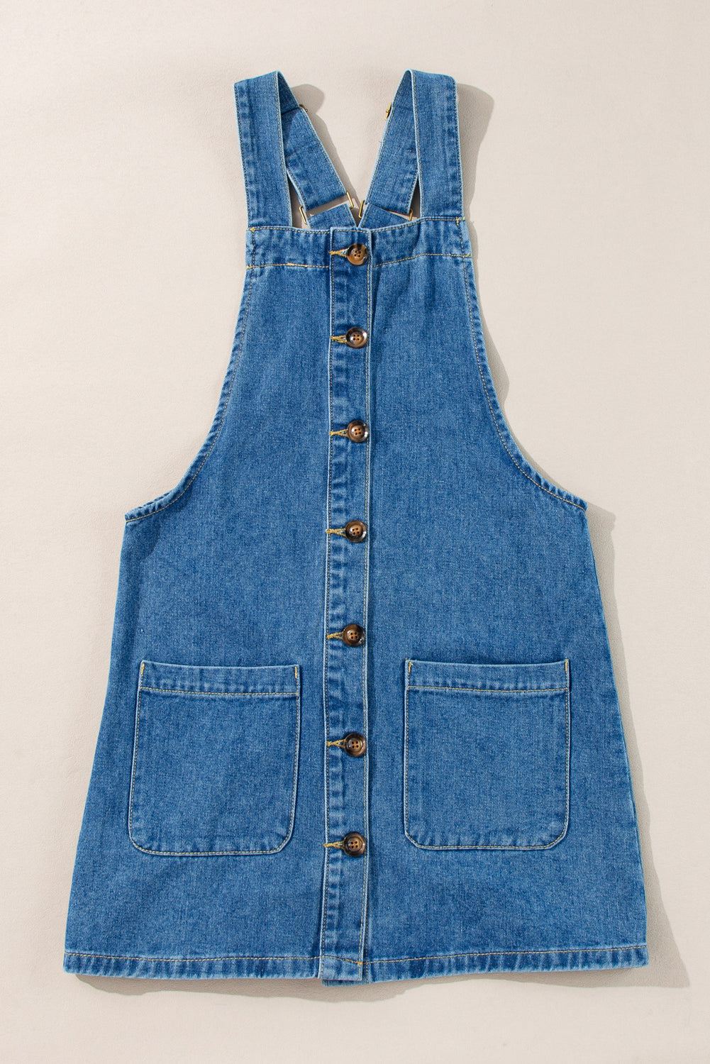 Dusk blue wide strap button front pocketed denim mini dress