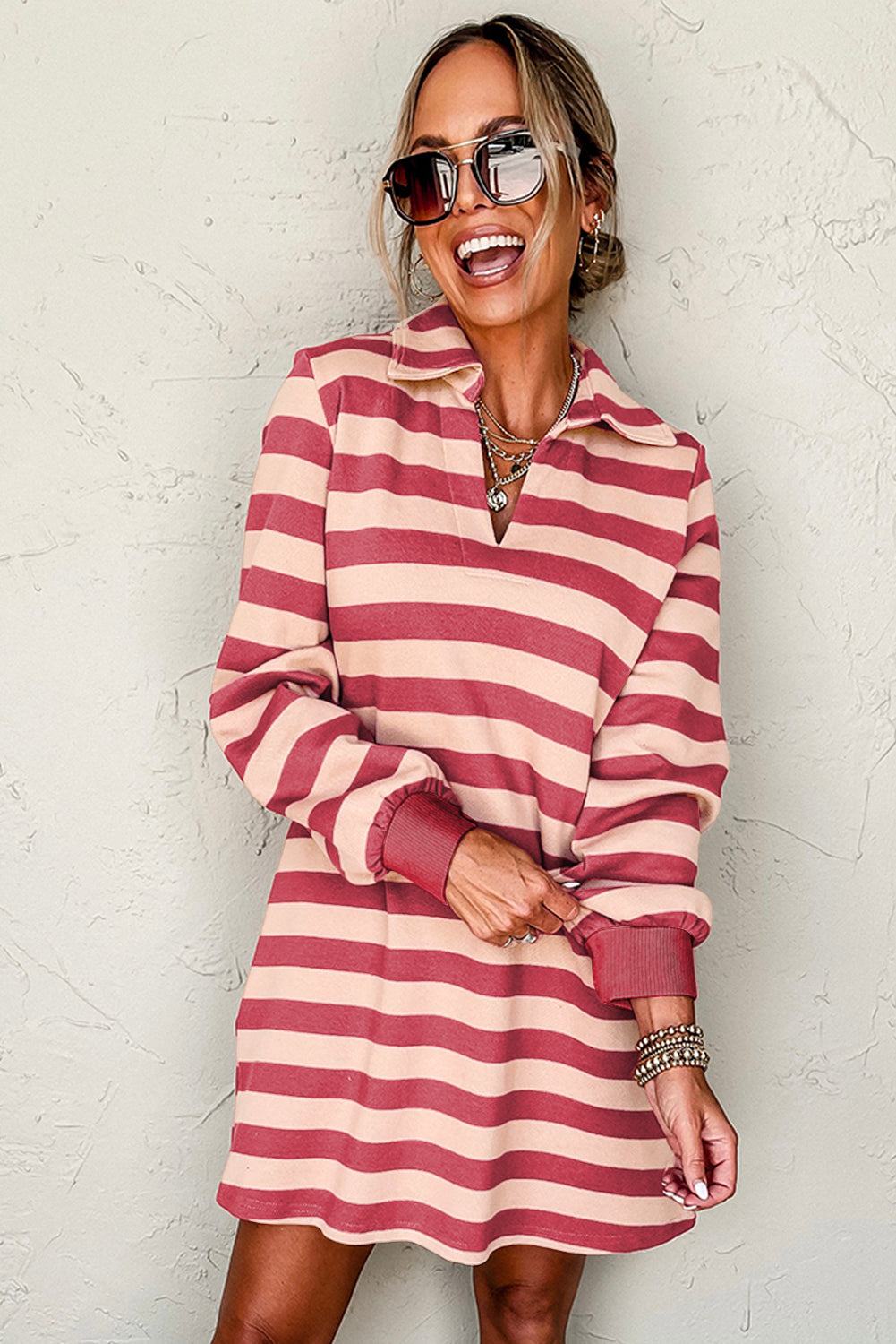 Striped Mini Dress with Johnny Collar and Long Sleeves
