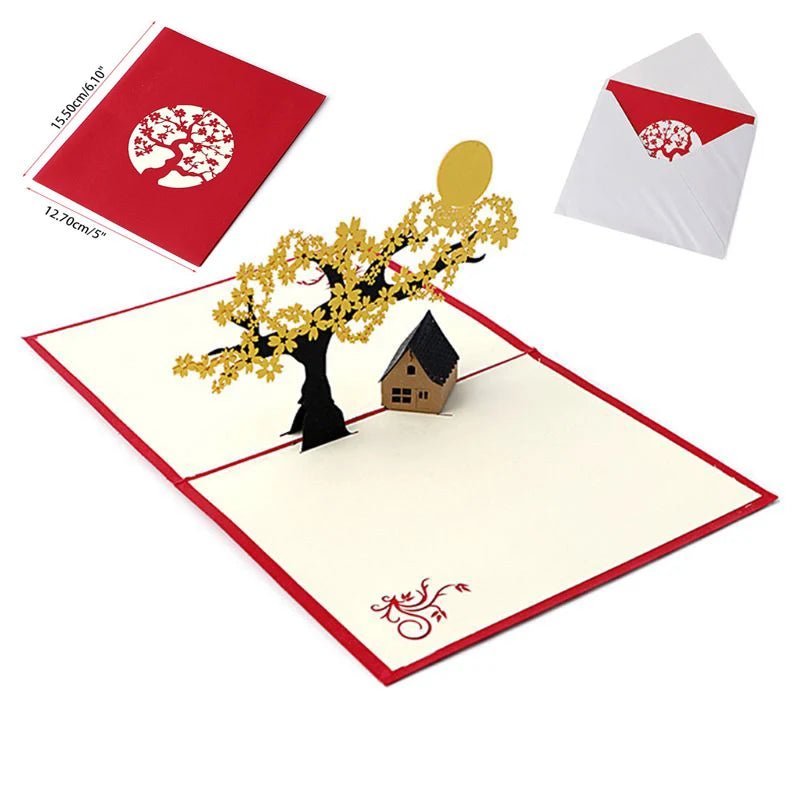 3D pop-up greeting card with envelope showing intricate tree design, perfect for special occasions.