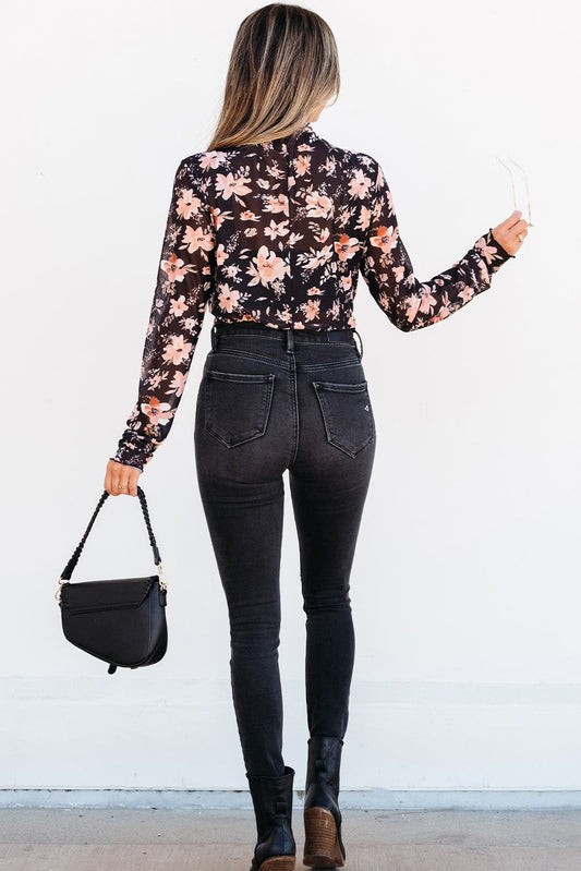 Black Floral Mesh Mock Neck back