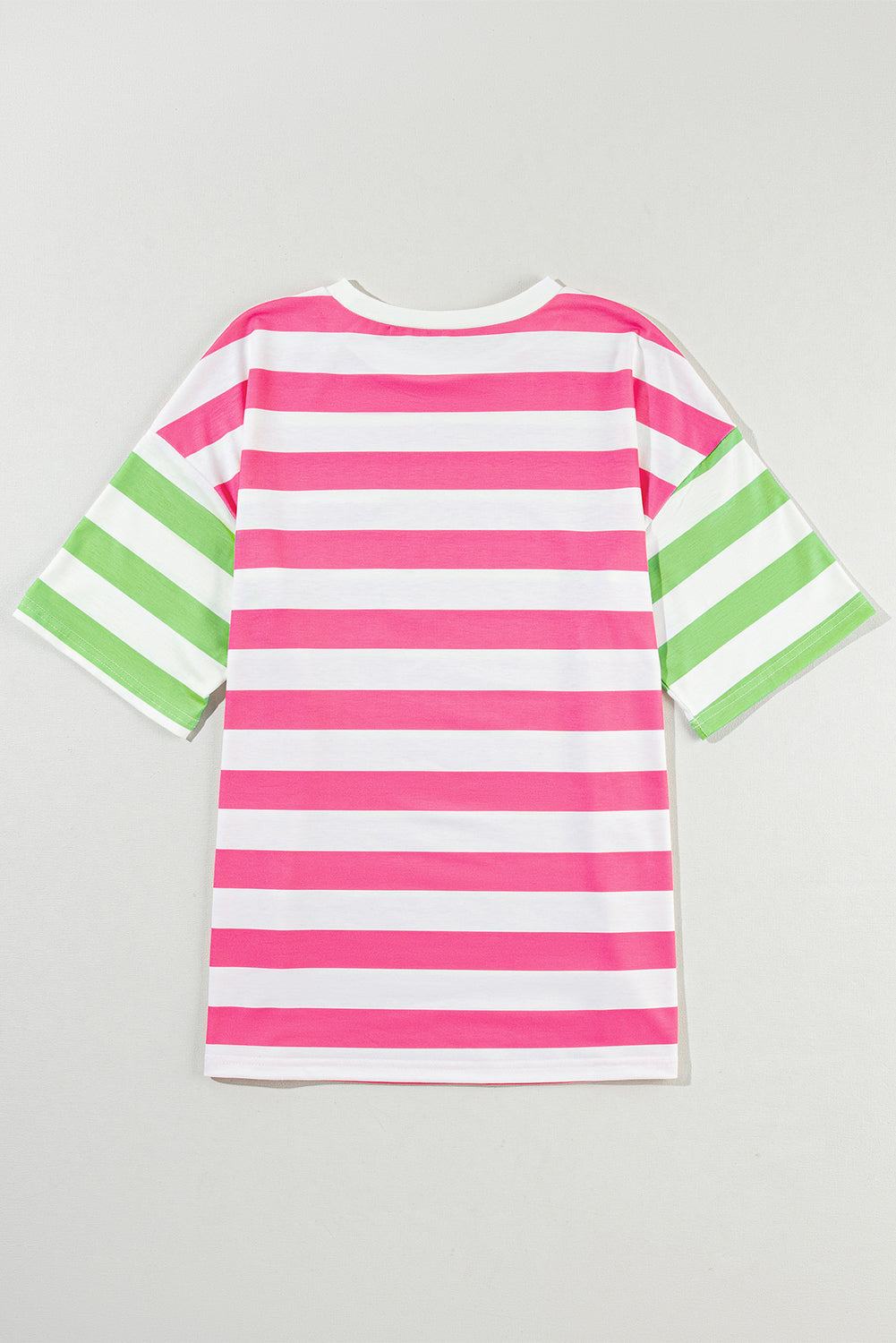Striped t-shirt with a round neck and half sleeves, featuring bold pink and green contrasting stripes.