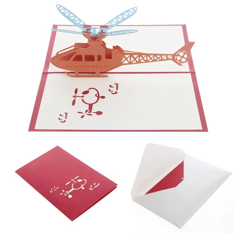 3D pop-up greeting card with envelope featuring helicopter design, suitable for special occasions.