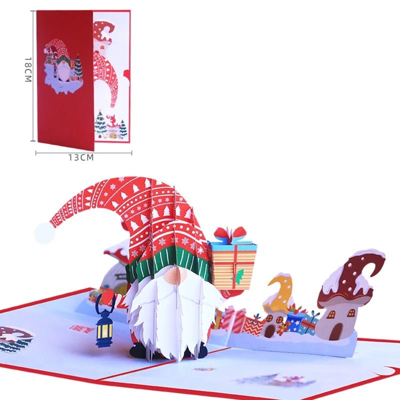 3D pop up greeting card with Santa design and red envelope, showcasing intricate paper craftsmanship.