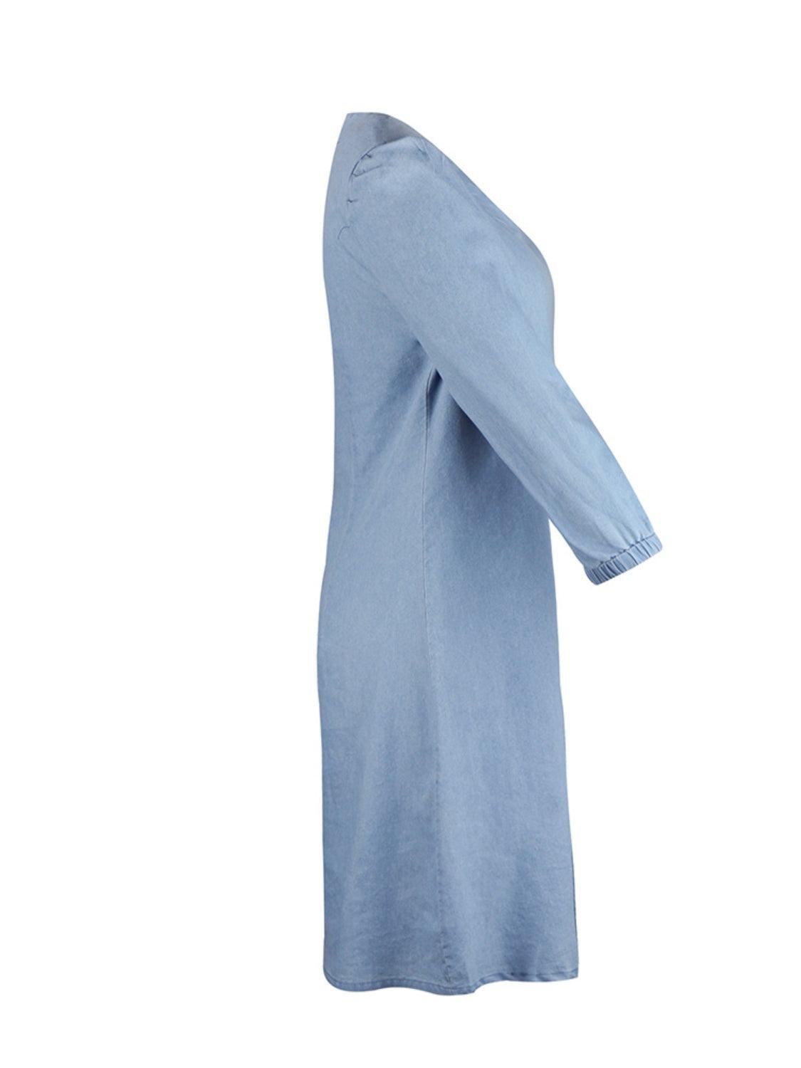 Full Size V-Neck Half Sleeve Dress in blue, no stretch, rayon-polyester blend.