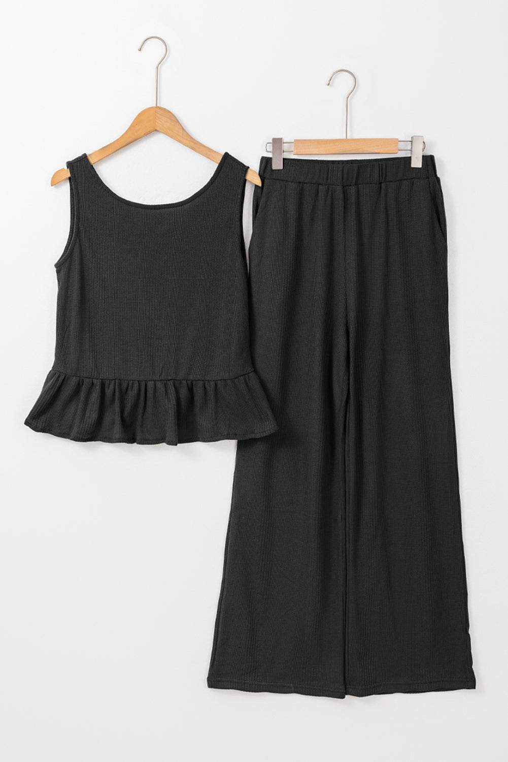 Black ribbed ruffle tank top and pants set - stylish 2-piece outfit for women.